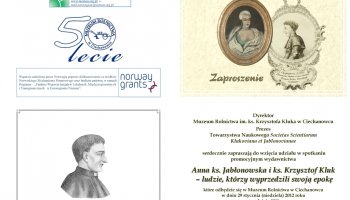 Zaproszenie na spotkanie promocyjne wydawnictwa pt. "Anna ks. Jabłonowska i ks. Krzysztof Kluk - ludzie, którzy wyprzedzili swoją epokę."